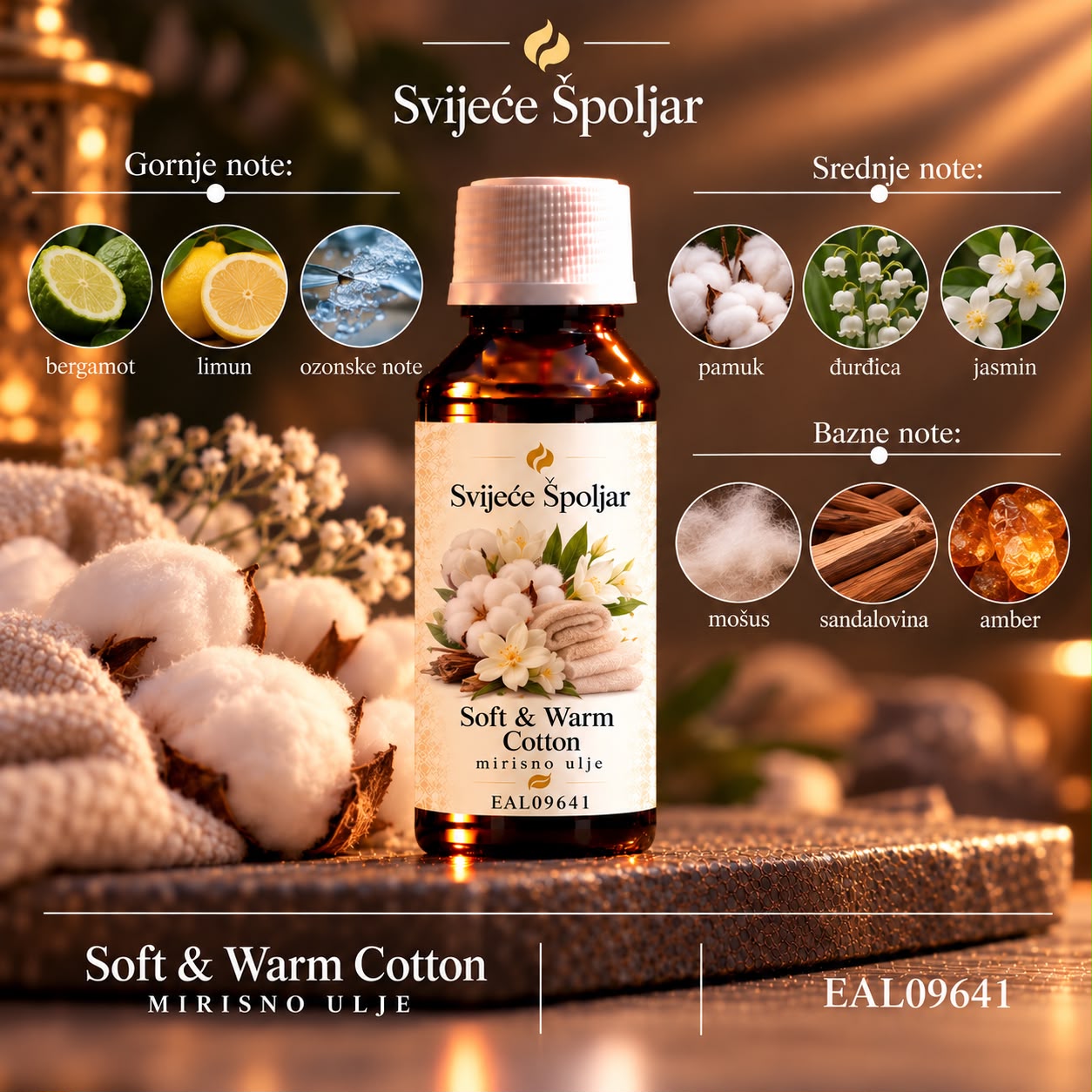Mirisno ulje soft & warm cotton bergamot,limun,ozonske note,pamuk,đurđica,jasmin,mošus,sandalovina,amber