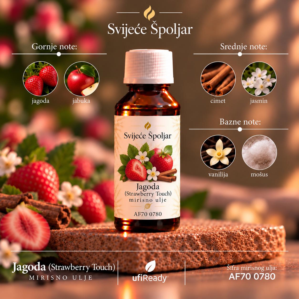 Mirisno ulje Jagoda (STRAWBERRY TOUCH) jagoda, jabuka,cimet, jasmin, vanilija, mošus
