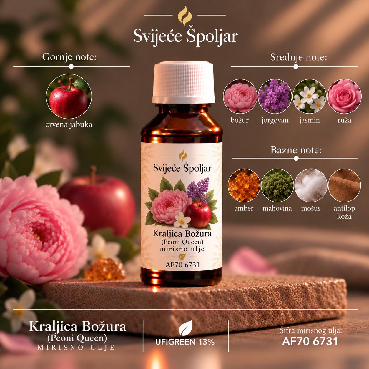 Mirisno ulje Kraljica Božura (Peony Queen) Crvena jabuka, božur, jorgovan, jasmin, ruža, jantar, mahovina, mošus, antilop koža