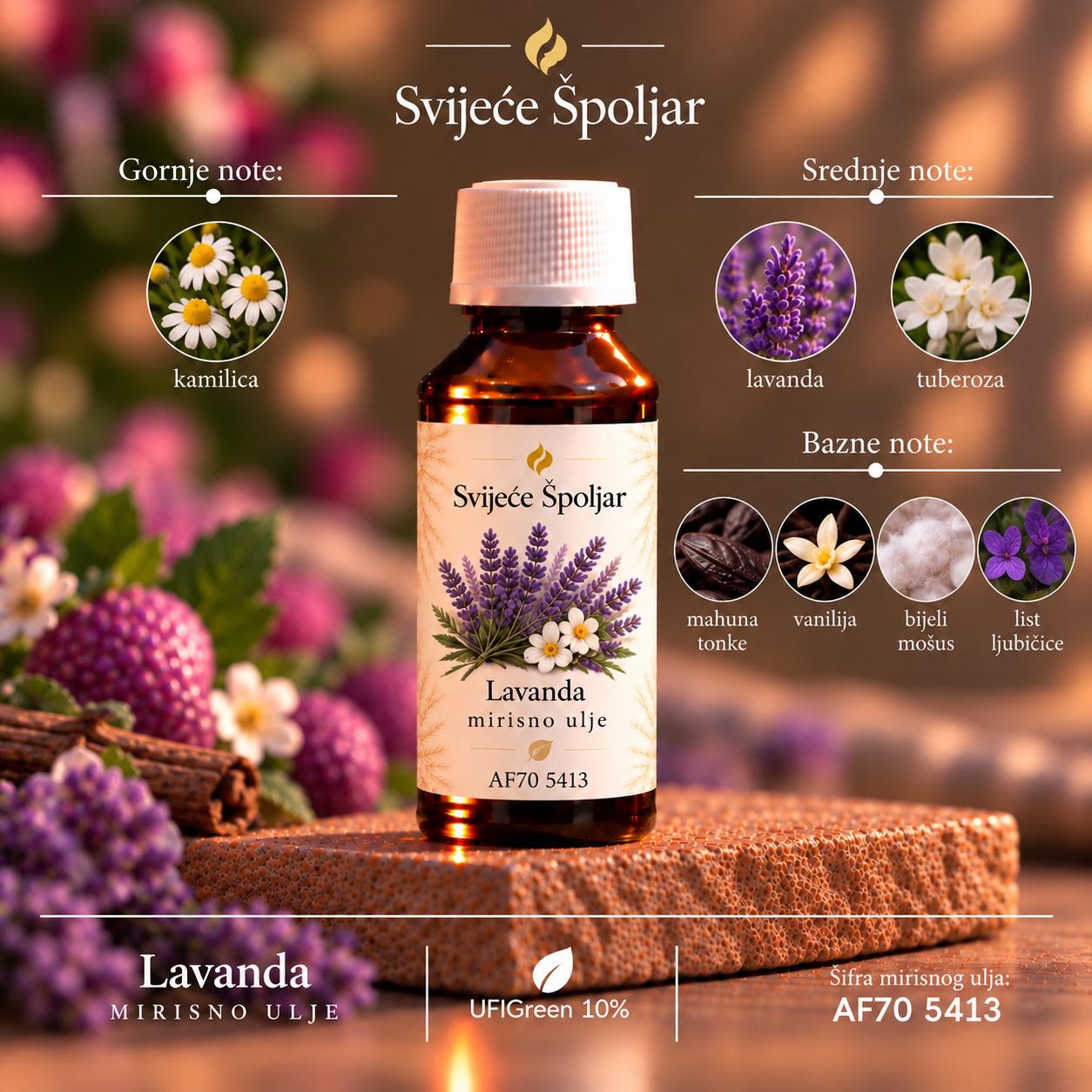 Mirisno ulje Lavanda kamilica,lavanda, tuberoza,mahune tonke, vanilija, bijeli mošus, list ljubičice