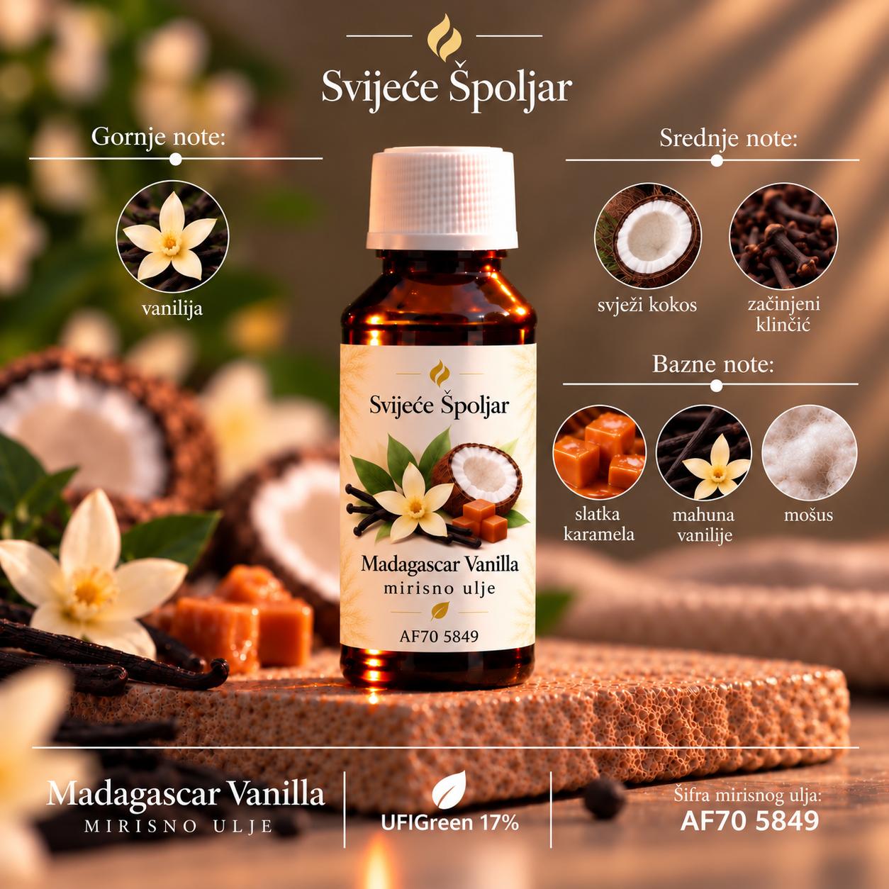 Mirisno ulje Madagascar Vanilla vanilija,svježi kokos, začinjeni klinčić, slatka karamela, mahune vanilije, mošus