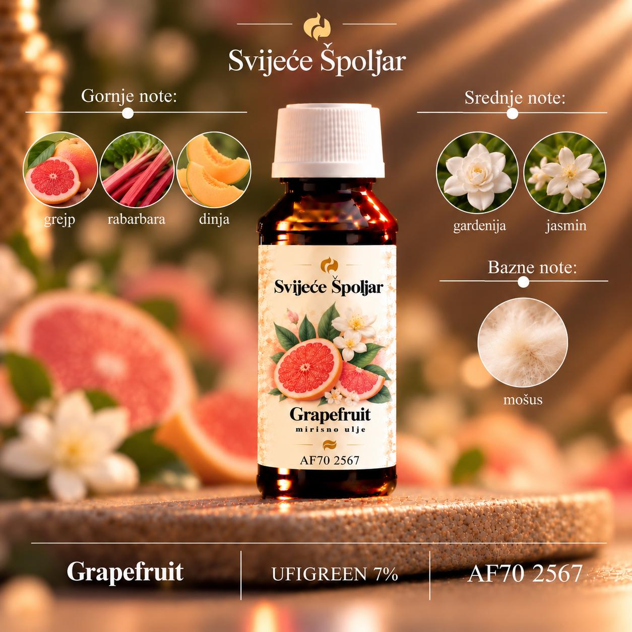 Mirisno ulje grapefruit grejpfrut, rabarbara, dinja,gardenija, jasmin,mošus