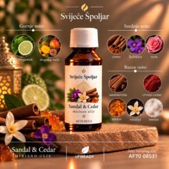 Mirisno ulje sandal &cedar bergamot,tropsko voče,cimet,lubičica,ruža,sandalovina,curveni cedar,amber,vanilija,mošus