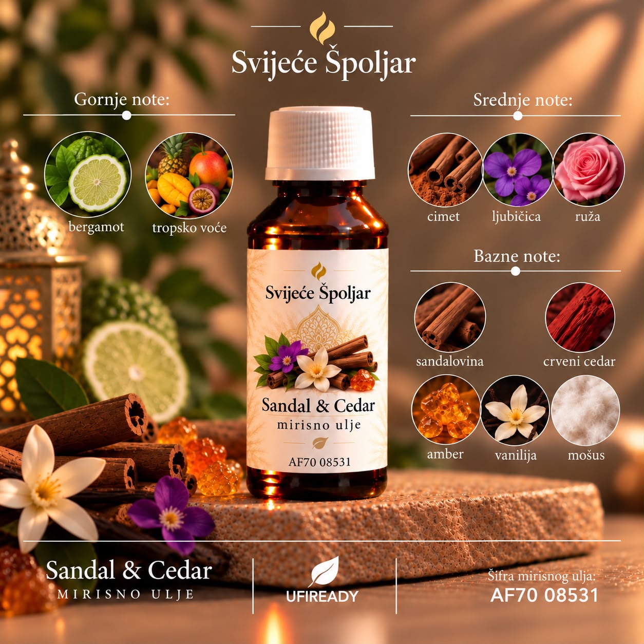 Mirisno ulje sandal &cedar bergamot,tropsko voče,cimet,lubičica,ruža,sandalovina,curveni cedar,amber,vanilija,mošus